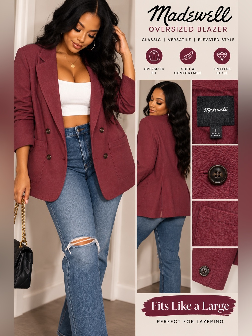 Madewell Women's Oversized Blazer - Burgundy size small- fits like a large NWOT
